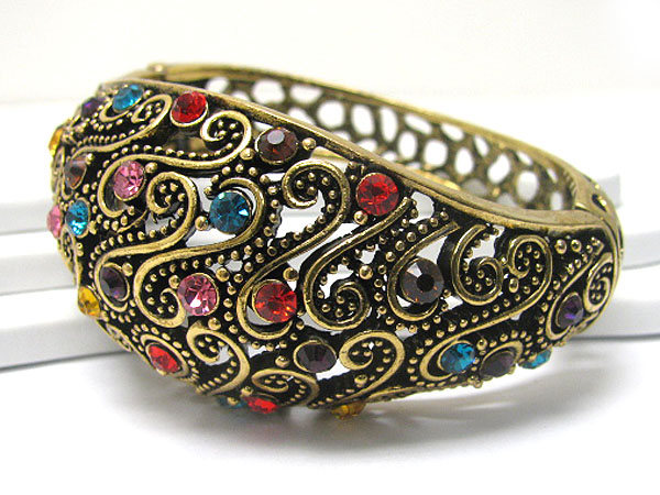 Crystal stud filigree puffy metal hinge bangle