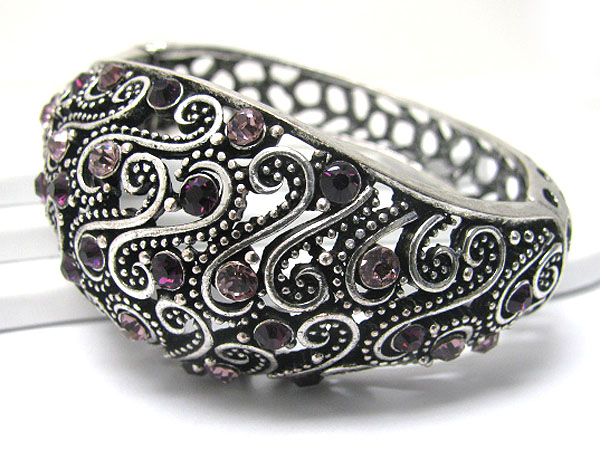 Crystal stud filigree puffy metal hinge bangle