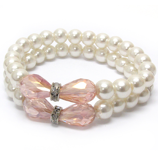 Crystal and facet glass accent double pearl stretch band bracelet