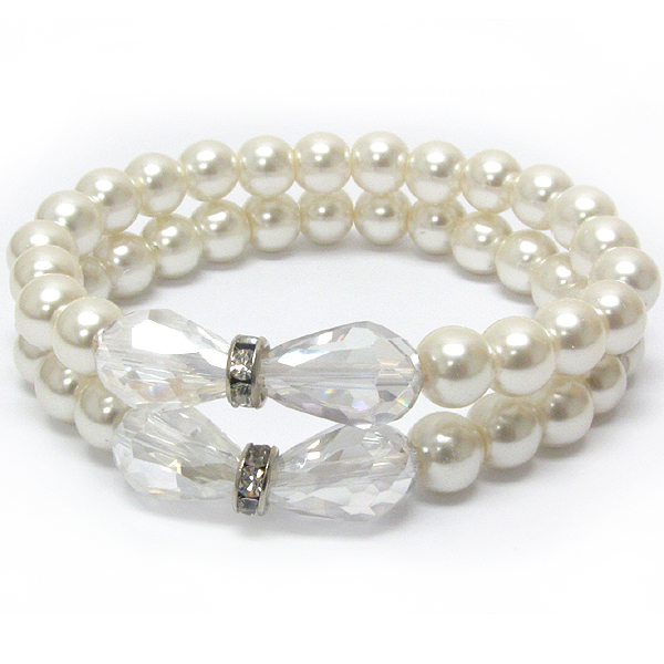 Crystal and facet glass accent double pearl stretch band bracelet