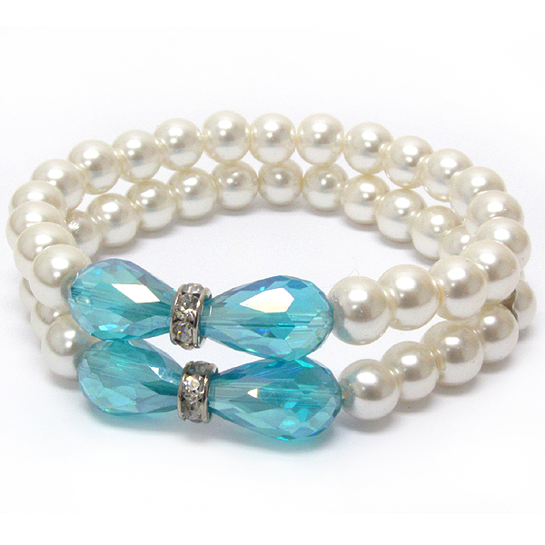 Crystal and facet glass accent double pearl stretch band bracelet