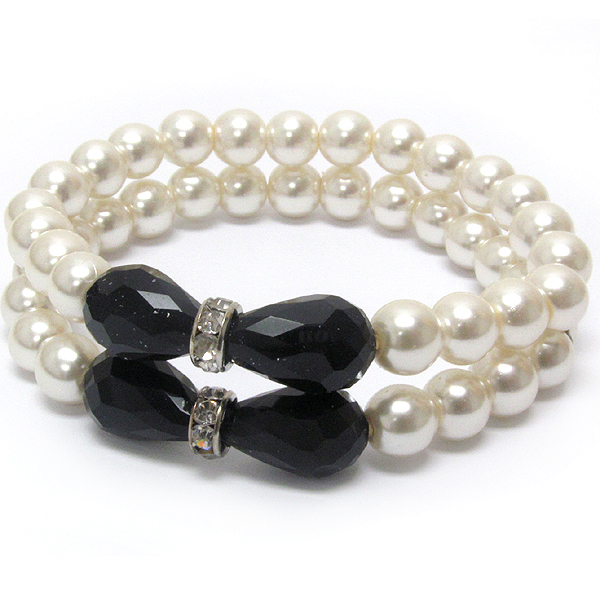 Crystal and facet glass accent double pearl stretch band bracelet