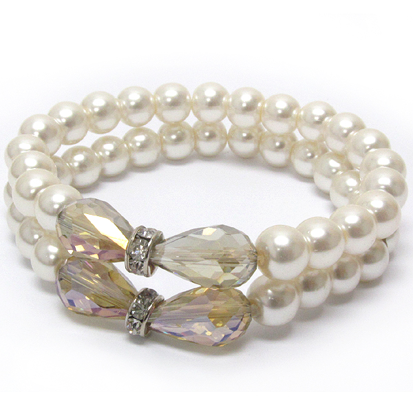 Crystal and facet glass accent double pearl stretch band bracelet