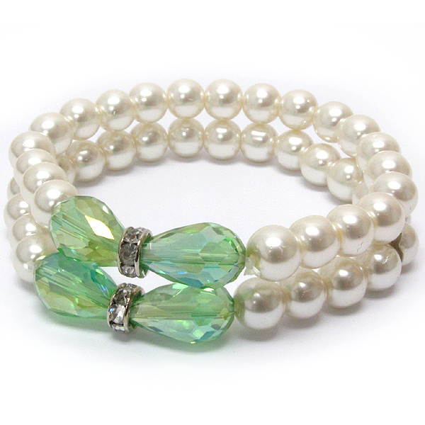 Crystal and facet glass accent double pearl stretch band bracelet