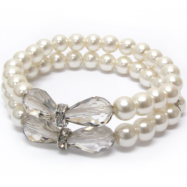 Crystal and facet glass accent double pearl stretch band bracelet