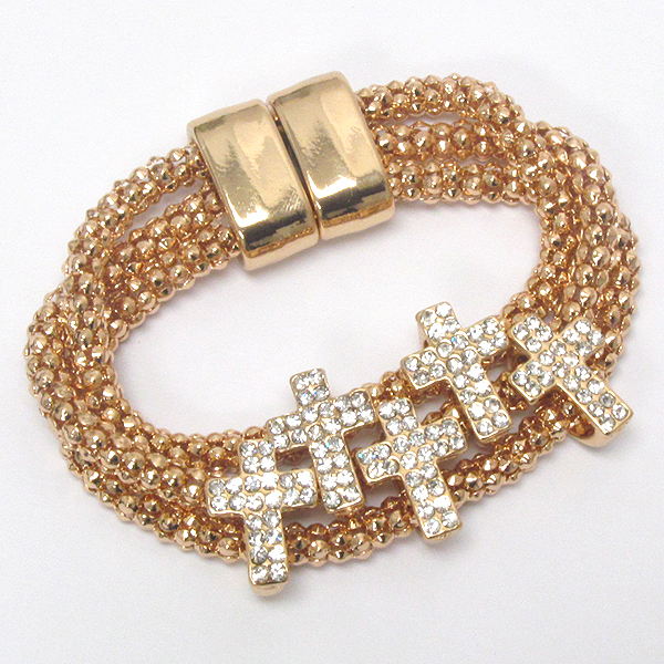 Five crystal cross charm on triple tube chain magnetic clasp bracelet