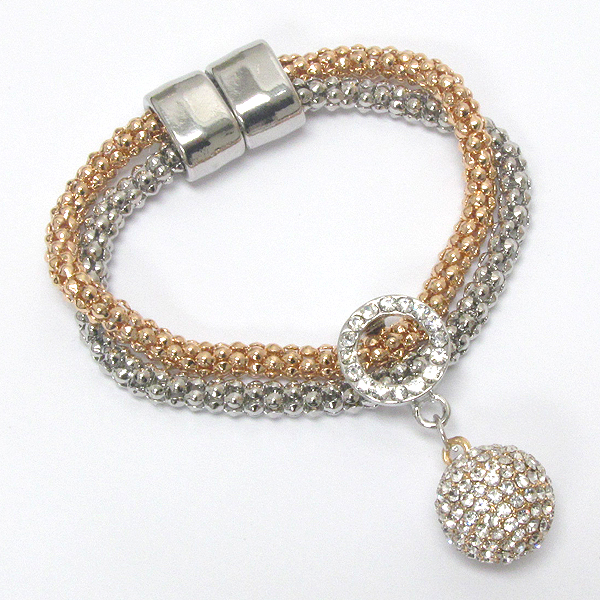 Crystal ball charm on double tube chain magnetic clasp bracelet