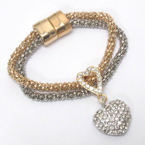 Crystal heart charm on double tube chain magnetic clasp bracelet -valentine