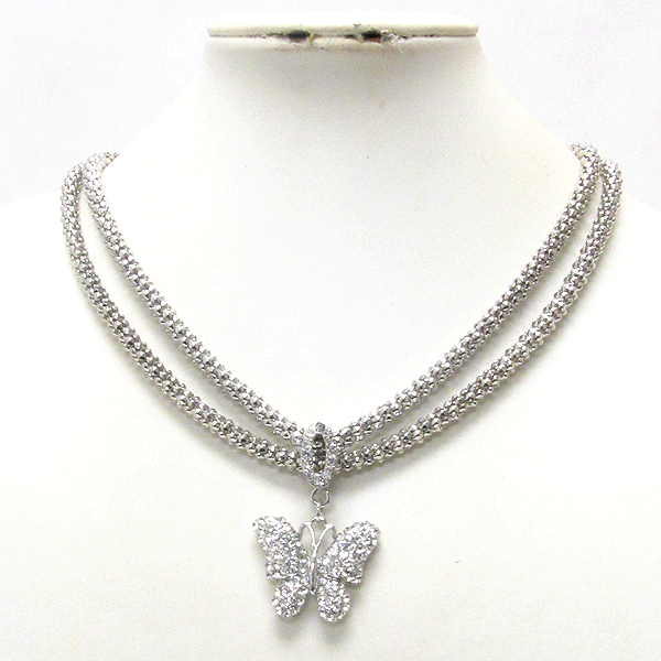 Crystal butterfly pendant on double tube chain magnetic clasp necklace