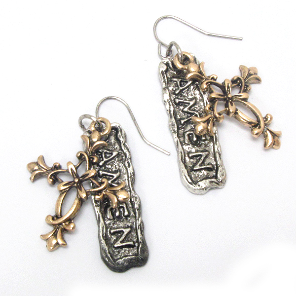 Vintage metal cross and amen double layer earring