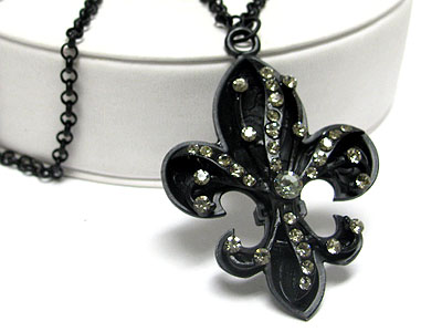 Crystal stud fleur de lis pendant long necklace