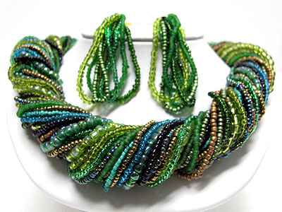 Braided multi strand seed beads necklace earring set 