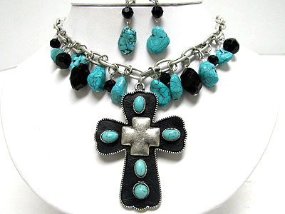 Turquoise stone deco cross peandant stoen dangle necklace set