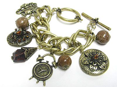 Antique style multi charm and stone ball dangle chain toggle bracelet