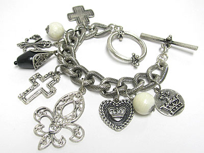 Antique style multi fleur de lis charm and stone ball dangle chain toggle bracelet