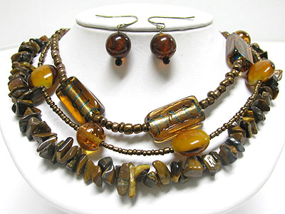 Multi strand natural chip stone and glass stone necklace set