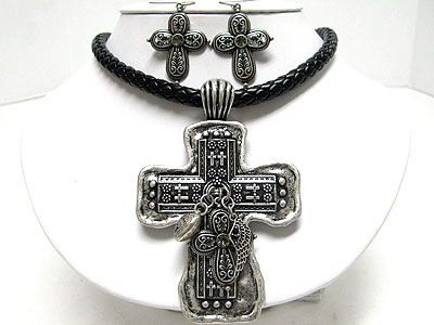 Antique look large textured metal cross pendant cord necklace set