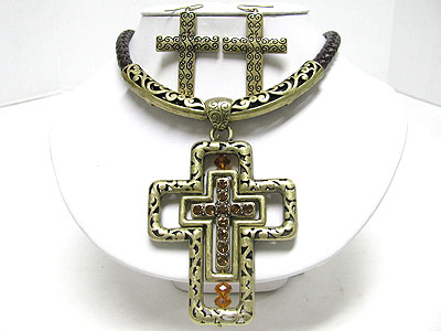 Antique look crystal stud dual metal cross pendant cord necklace set