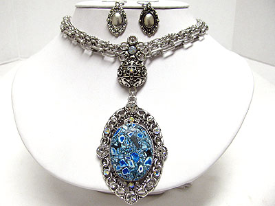 Boutique quality oval stone and crystal deco multi chain necklace set