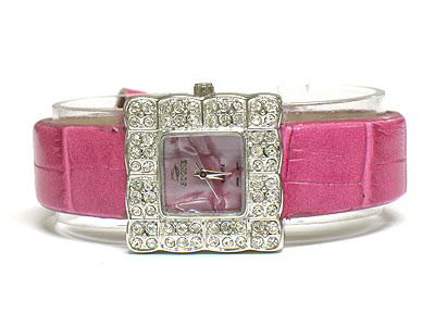 Crystal deco square face and mop background and genuine leather band watch 