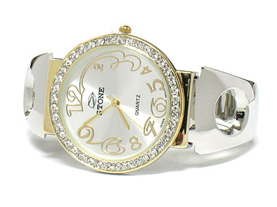 Crystal edge big round face cuff bangle watch