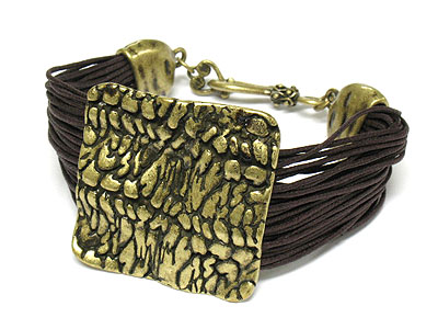 Hammered square metal multi strand cord bracelet