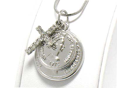 Made in korea whitegold plating crystal dual coin and stud cross necklace