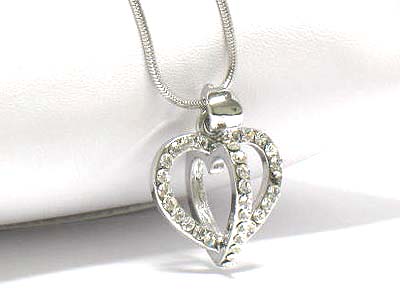 Made in korea whitegold plating crystal stud solid double heart pendant necklace