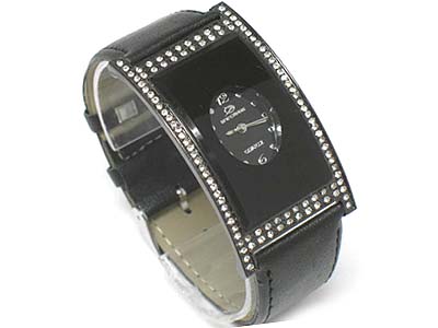 Crystal side deco rectangle face leather band watch 