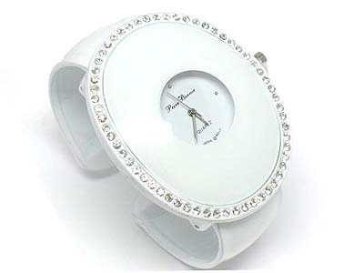 Crystal side stud jumbo oval face bangle watch