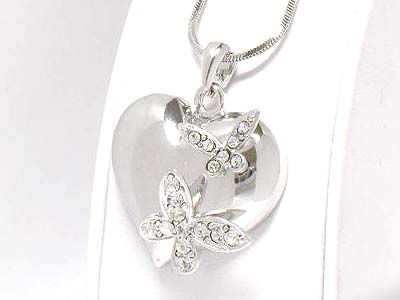 Made in korea whitegold plating crystal double butterfly heart necklace