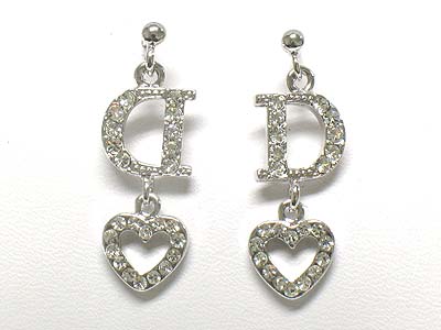 Made in korea whitegold plating crystal letter d and heart drop earring