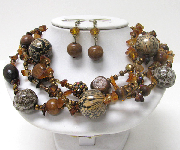 Animal print ball and chip stone necklace earring set