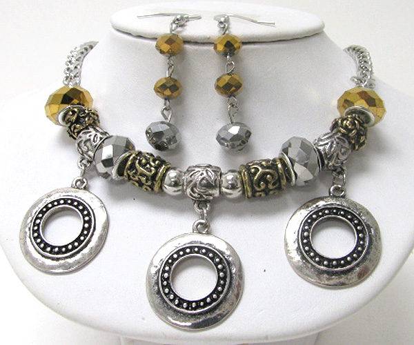 Multi metal disk drop and facet glass deco necklace earring set