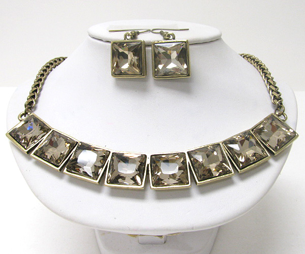 Multi facet square glass link necklace earring set