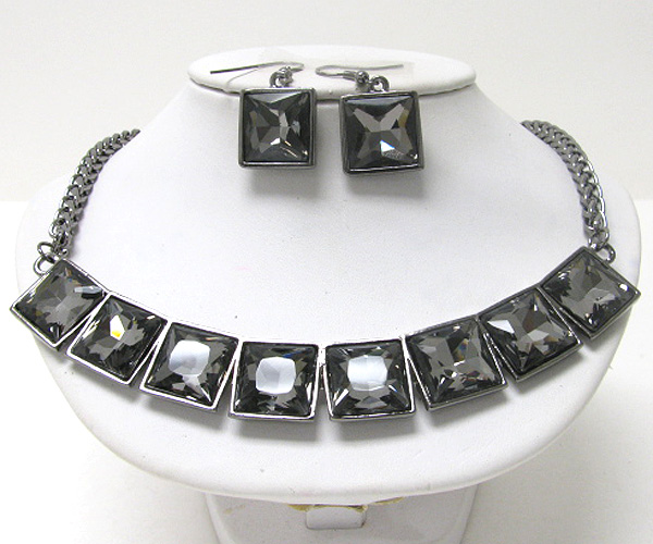 Multi facet square glass link necklace earring set