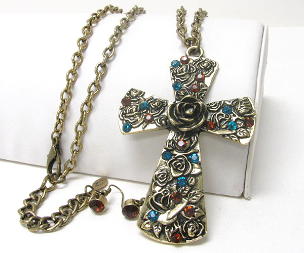 Crystal and rose deco large cross and long necklace earring set