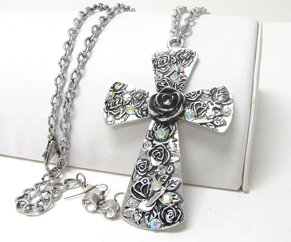 Crystal and rose deco large cross and long necklace earring set