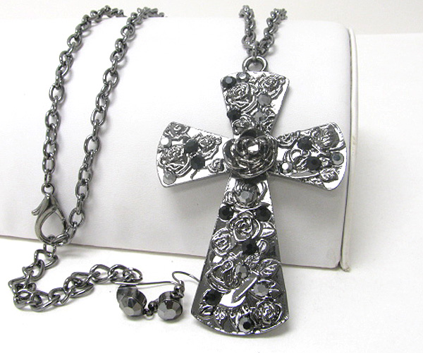 Crystal and rose deco large cross and long necklace earring set