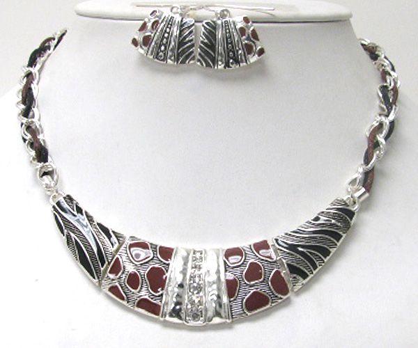 Crystal and animal print deco half chocker necklace earring set