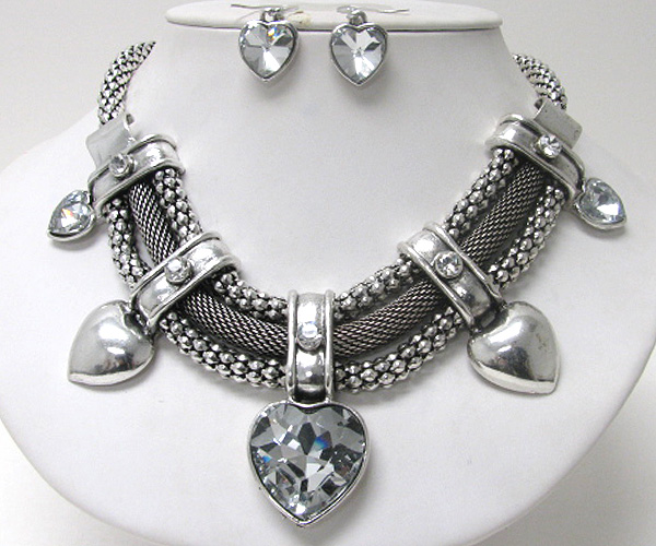 Architectural style facet glass heart and crystal deco mesh metal chain necklace earring set