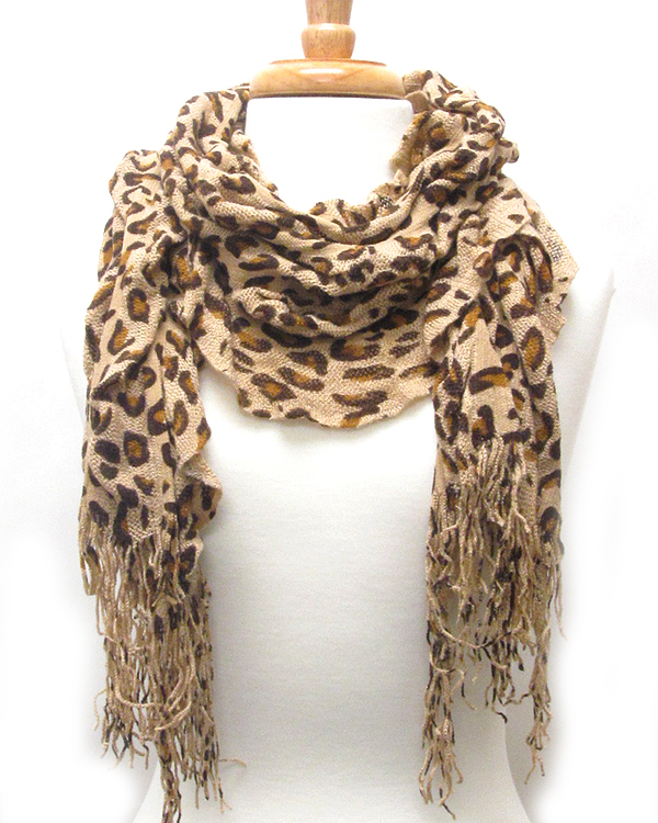 Ruffle and tassle mix animal print scarf