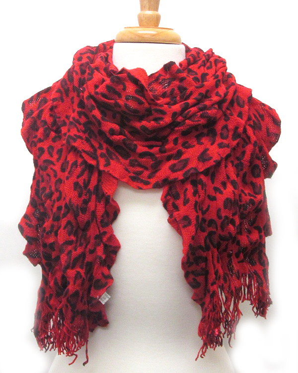 Ruffle and tassle mix animal print scarf