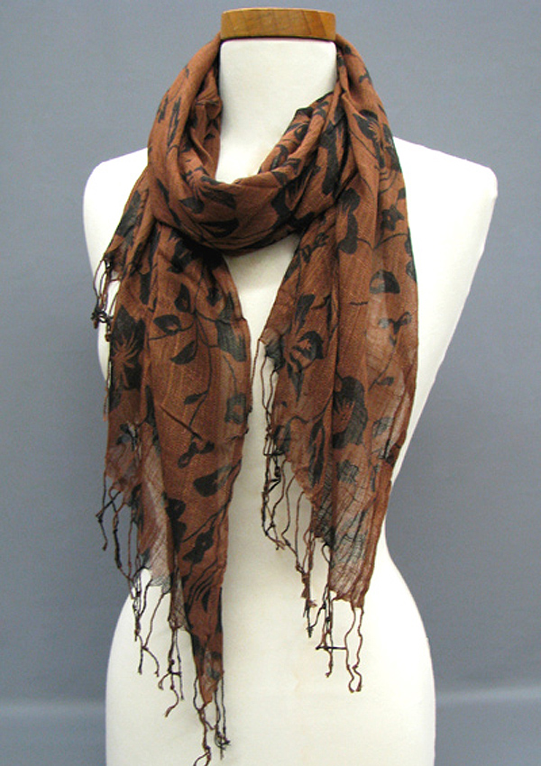 Flower print viscose fringe scarf