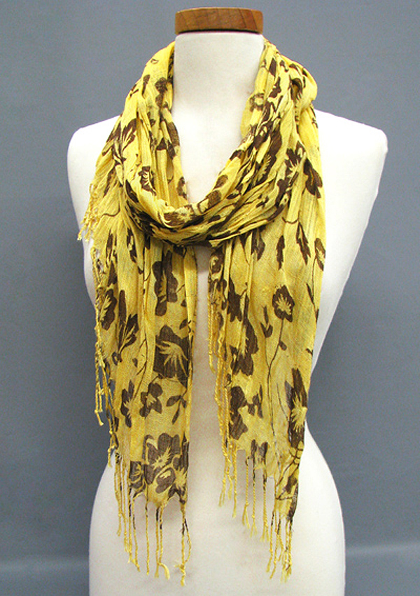 Flower print viscose fringe scarf