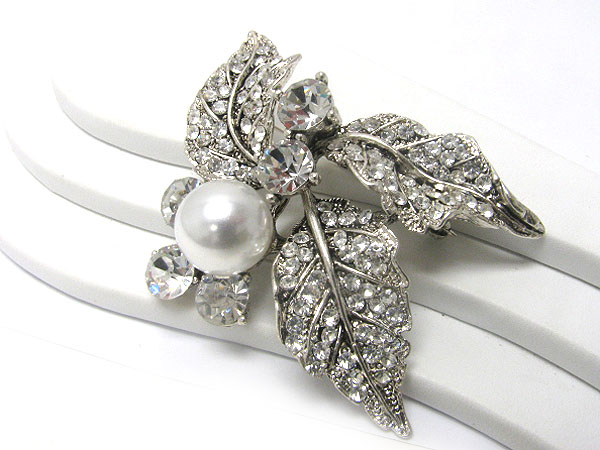 Crystal and pearl deco leaves brooch or pin