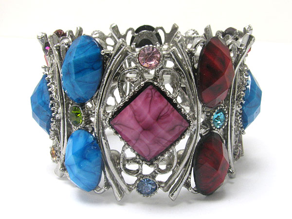 Crystal and glass deco metal stretch bracelet