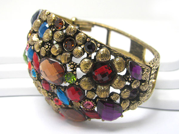 Crystal stud flower deco puffy metal hinge bangle