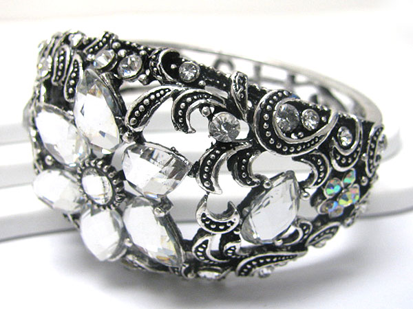 Crystal and facet glass deco flower accent metal hinge bangle