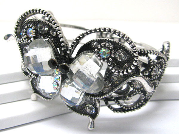 Crystal and facet glass deco butterfly accent metal hinge bangle